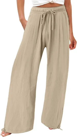 GIERIDUC Womens Linen Pants Casual Loose Wide Leg Business Work Pants for Women Elastic Waist Palazzo Trousers with Pockets