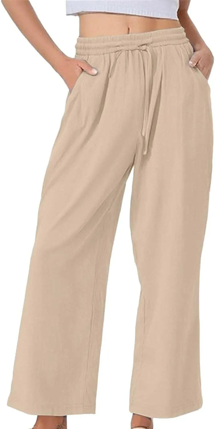 GIERIDUC Women's Summer Casual Pants Loose Fit Beach Palazzo Pants High Waist Drawstring Wide Straight Leg Trouser Pockets
