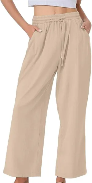 GIERIDUC Women's Summer Casual Pants Loose Fit Beach Palazzo Pants High Waist Drawstring Wide Straight Leg Trouser Pockets