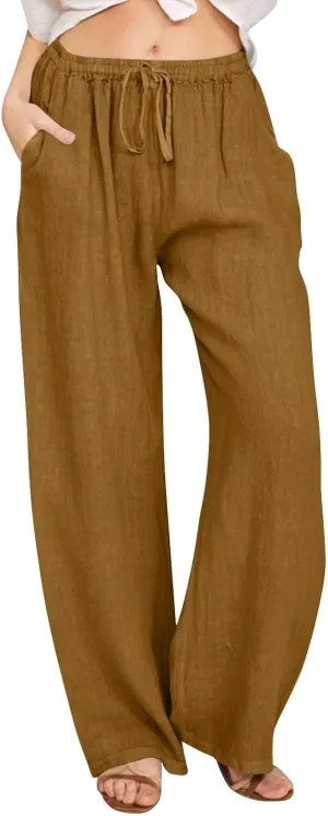 GIERIDUC Women's Summer Cotton Linen Wide Leg Pants Drawstring High Waist Loose Casual Palazzo Flowy Beach Trousers