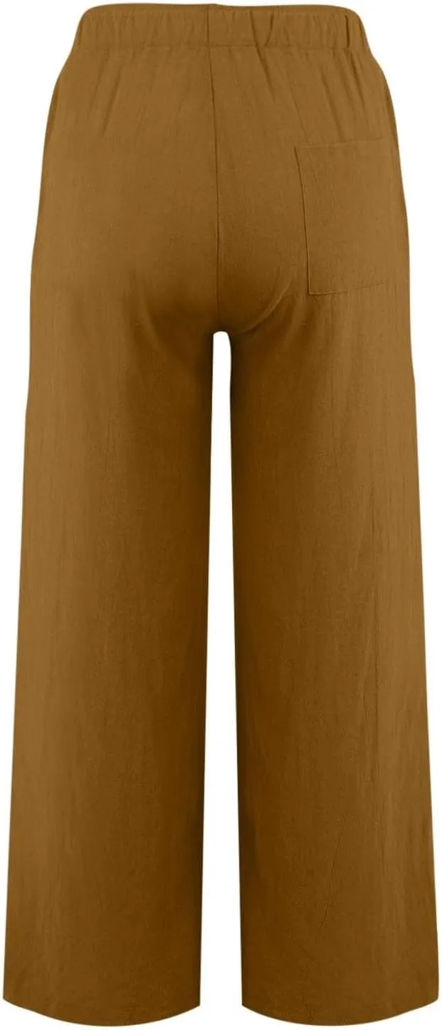 GIERIDUC Women's Summer Cotton Linen Wide Leg Pants Drawstring High Waist Loose Casual Palazzo Flowy Beach Trousers