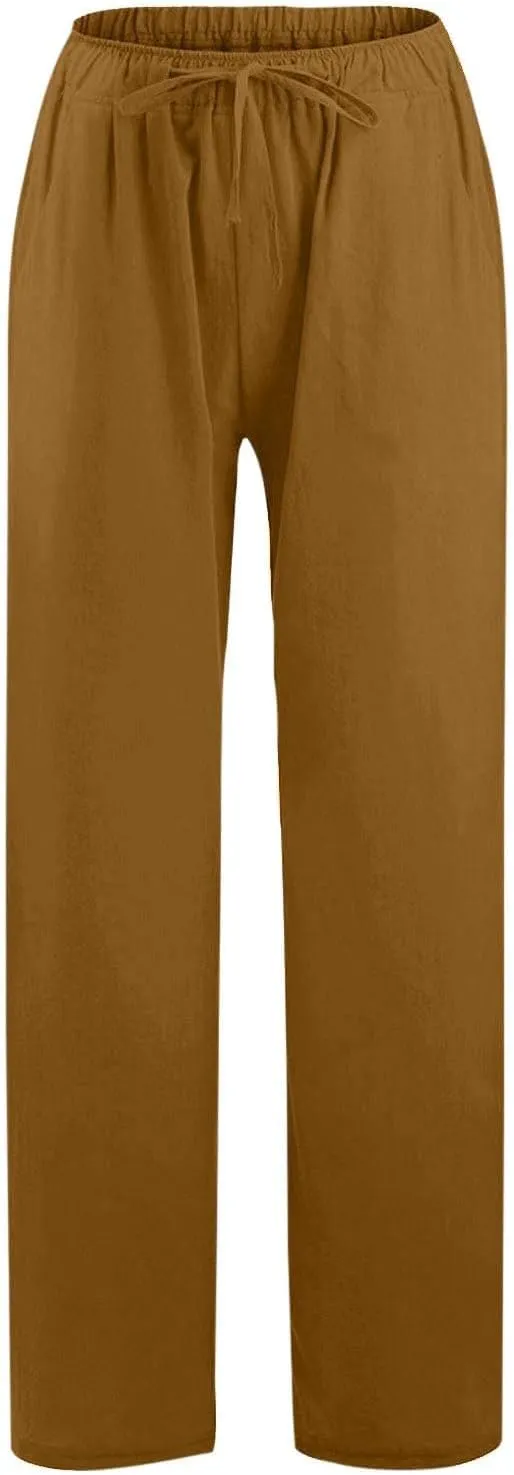 GIERIDUC Women's Summer Cotton Linen Wide Leg Pants Drawstring High Waist Loose Casual Palazzo Flowy Beach Trousers