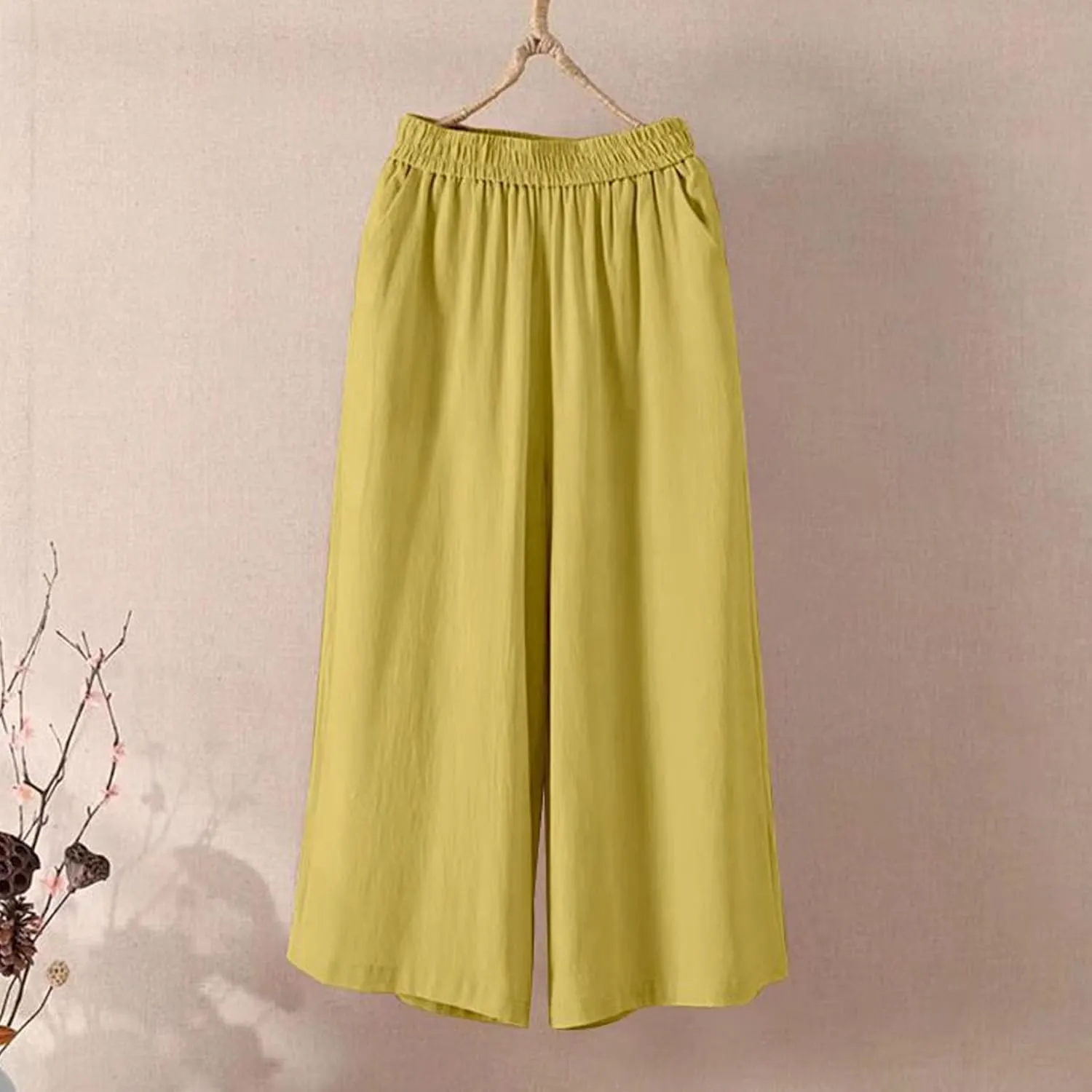GOFULY Capri Pants for Women Cotton Lined Wide Leg Summer Pants Drawstring Elastic Waist Trendy Capris Trousers with Pockets