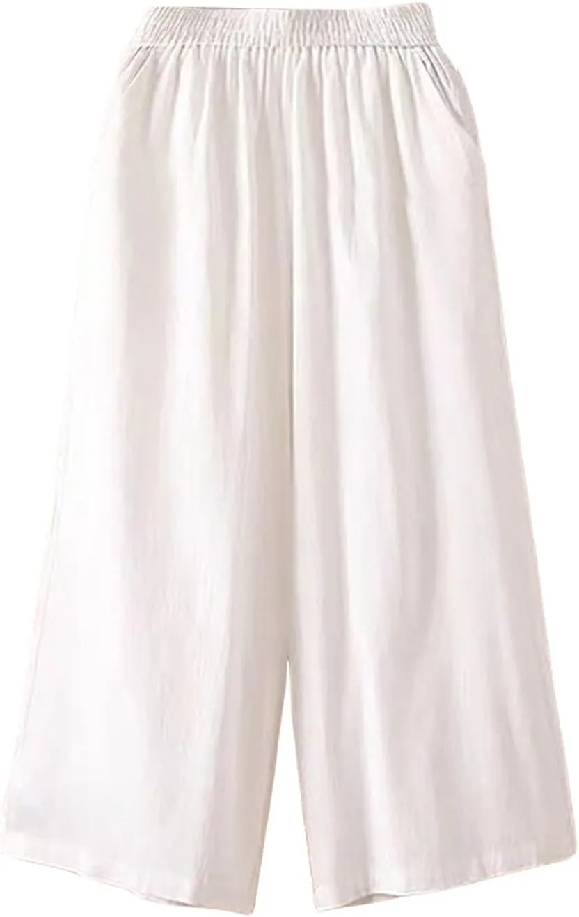 GOFULY Capri Pants for Women Cotton Lined Wide Leg Summer Pants Drawstring Elastic Waist Trendy Capris Trousers with Pockets