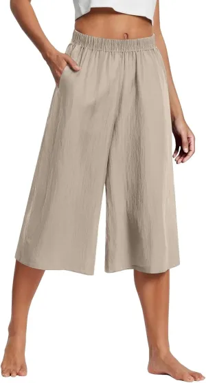 GOFULY Capri Pants for Women Cotton Lined Wide Leg Summer Pants Drawstring Elastic Waist Trendy Capris Trousers with Pockets
