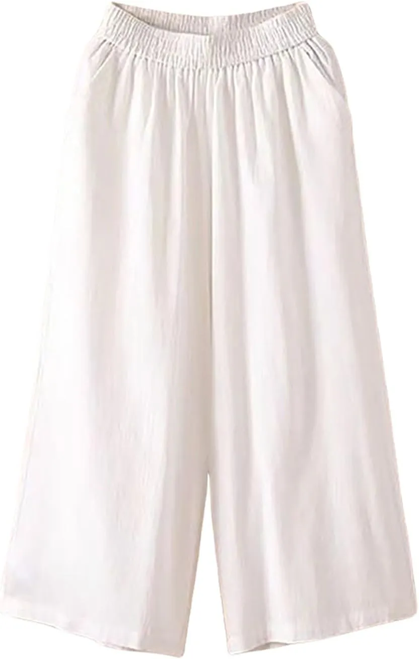 GOFULY Capri Pants for Women Cotton Lined Wide Leg Summer Pants Drawstring Elastic Waist Trendy Capris Trousers with Pockets