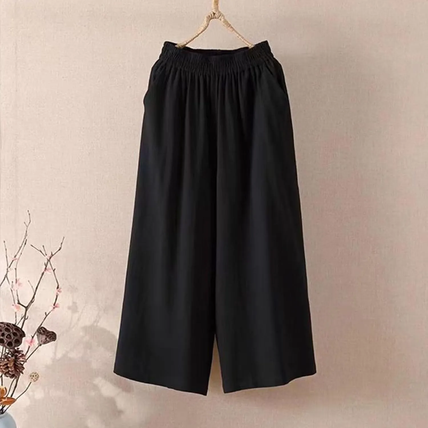 GOFULY Capri Pants for Women Cotton Lined Wide Leg Summer Pants Drawstring Elastic Waist Trendy Capris Trousers with Pockets