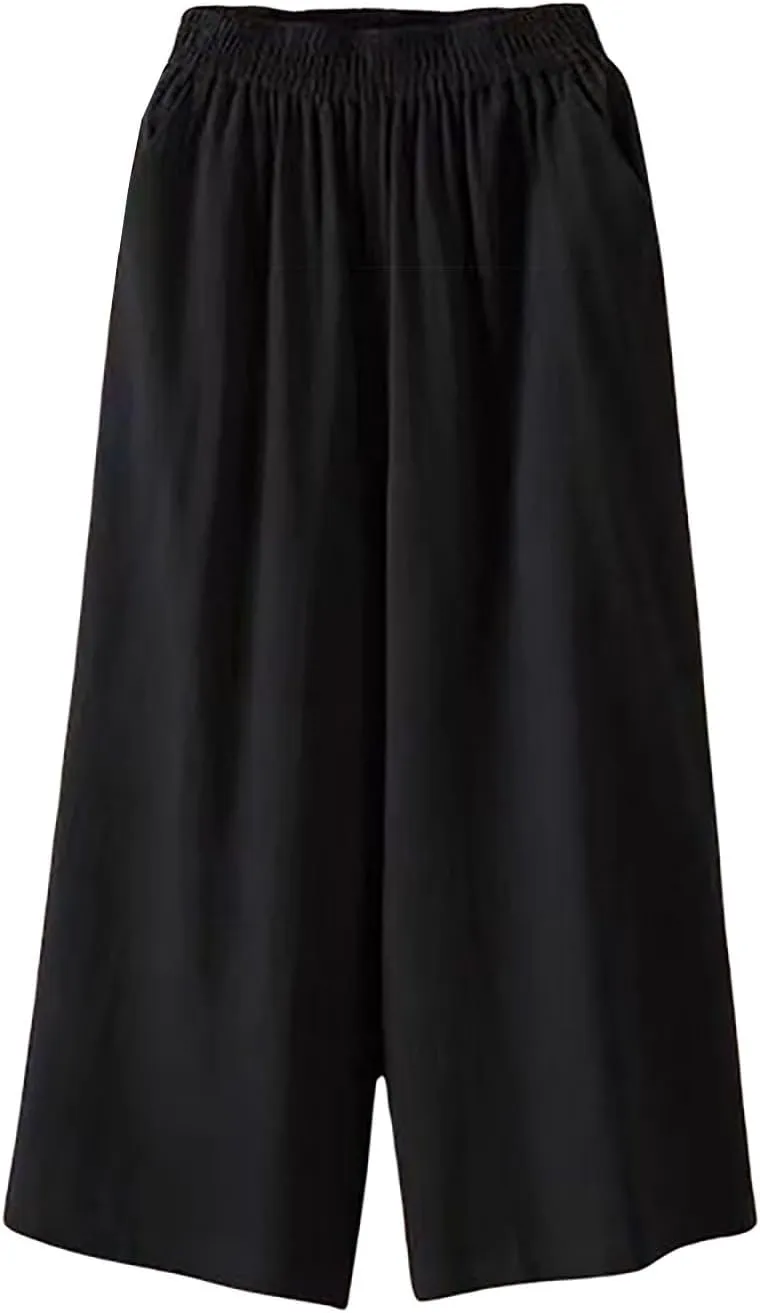 GOFULY Capri Pants for Women Cotton Lined Wide Leg Summer Pants Drawstring Elastic Waist Trendy Capris Trousers with Pockets