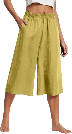 GOFULY Capri Pants for Women Cotton Lined Wide Leg Summer Pants Drawstring Elastic Waist Trendy Capris Trousers with Pockets