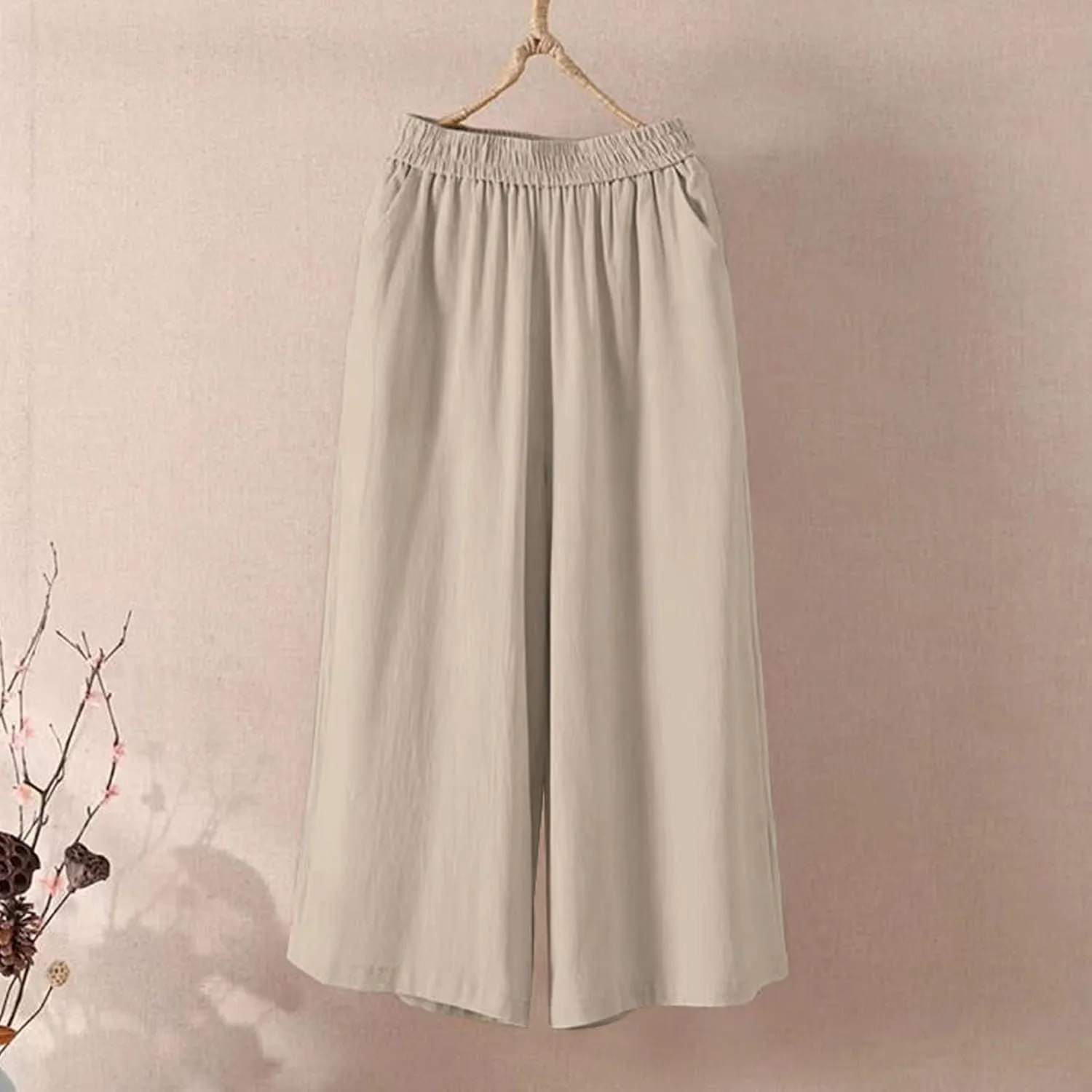 GOFULY Capri Pants for Women Cotton Lined Wide Leg Summer Pants Drawstring Elastic Waist Trendy Capris Trousers with Pockets