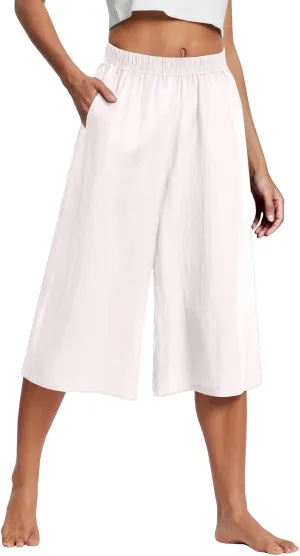 GOFULY Capri Pants for Women Cotton Lined Wide Leg Summer Pants Drawstring Elastic Waist Trendy Capris Trousers with Pockets