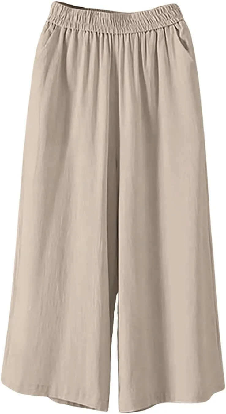 GOFULY Capri Pants for Women Cotton Lined Wide Leg Summer Pants Drawstring Elastic Waist Trendy Capris Trousers with Pockets
