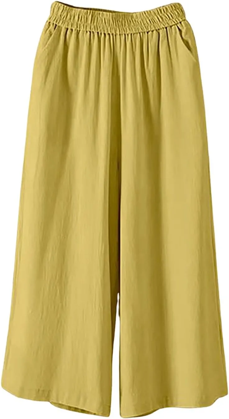 GOFULY Capri Pants for Women Cotton Lined Wide Leg Summer Pants Drawstring Elastic Waist Trendy Capris Trousers with Pockets