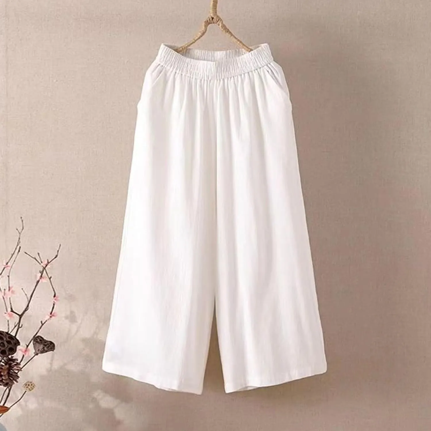 GOFULY Capri Pants for Women Cotton Lined Wide Leg Summer Pants Drawstring Elastic Waist Trendy Capris Trousers with Pockets