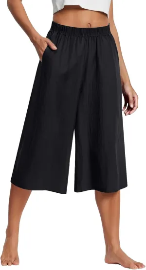 GOFULY Capri Pants for Women Cotton Lined Wide Leg Summer Pants Drawstring Elastic Waist Trendy Capris Trousers with Pockets
