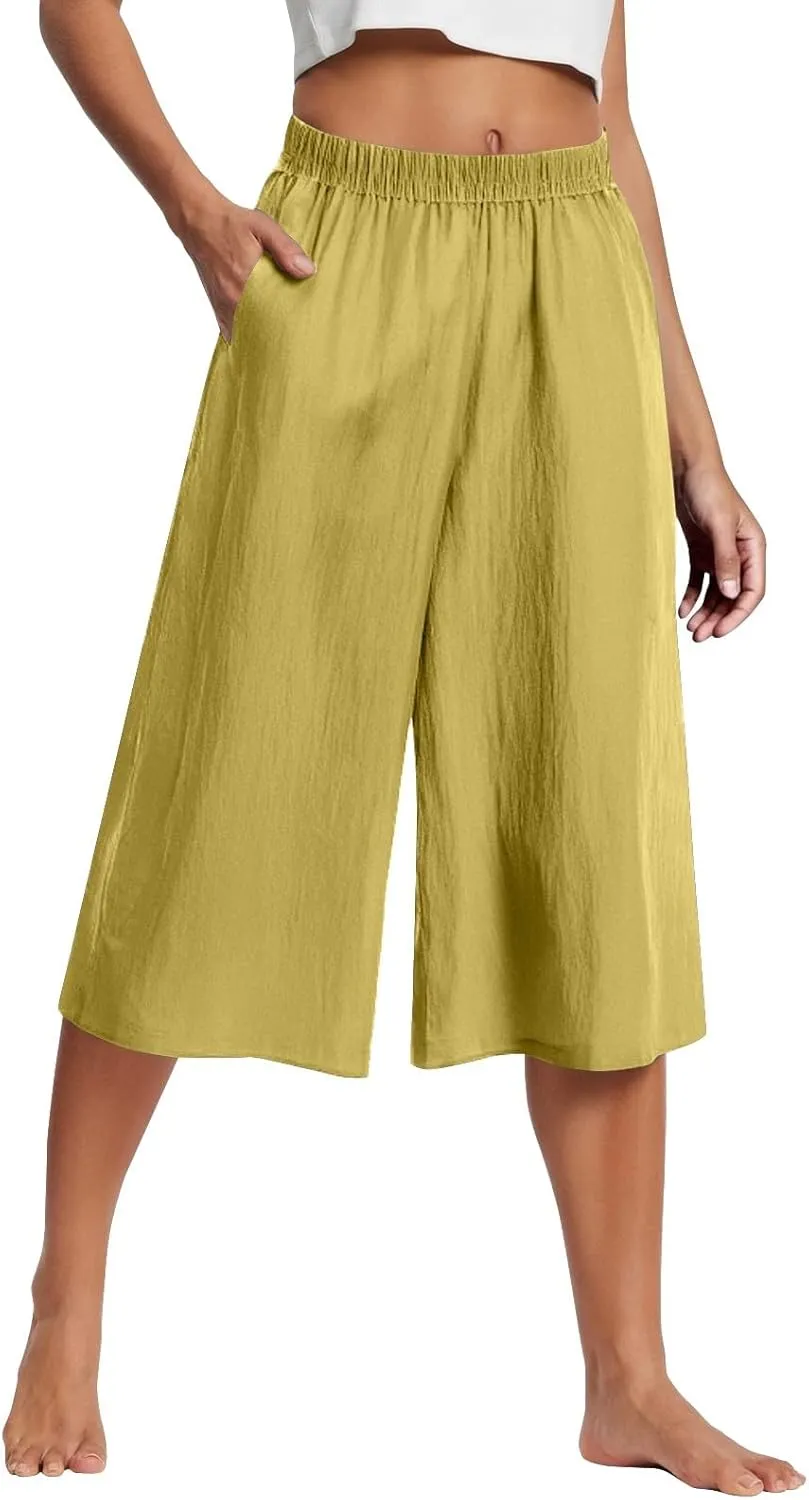 GOFULY Capri Pants for Women Cotton Lined Wide Leg Summer Pants Drawstring Elastic Waist Trendy Capris Trousers with Pockets