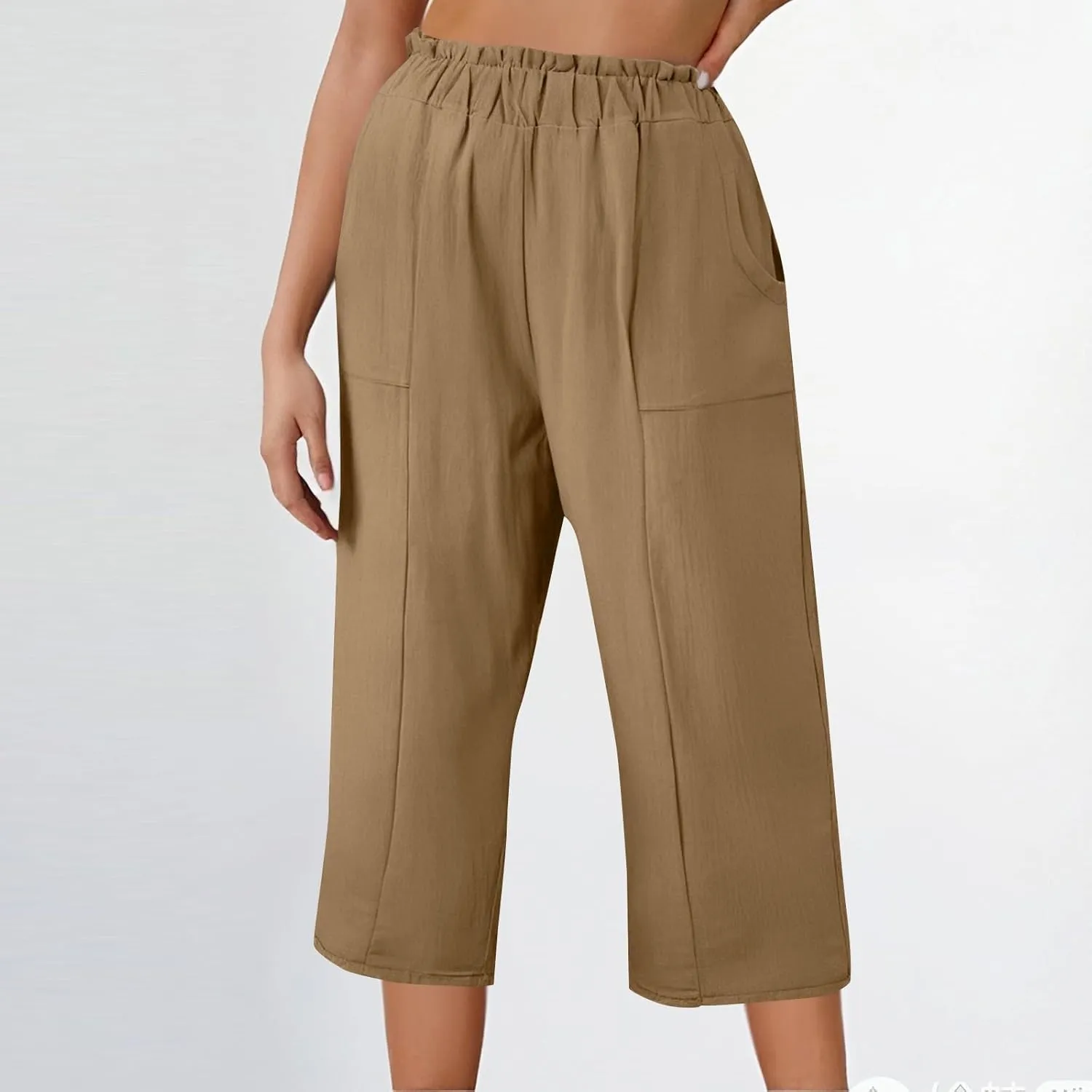Gumipy Women's Capri Pants Smocked Elastic High Waisted Wide Leg Linen Pants Loose Flowy Palazzo Cropped Trouser with Pockets