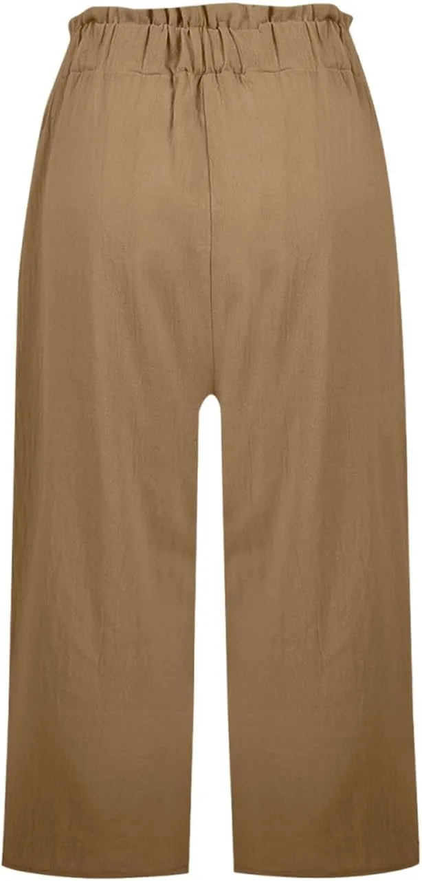 Gumipy Women's Capri Pants Smocked Elastic High Waisted Wide Leg Linen Pants Loose Flowy Palazzo Cropped Trouser with Pockets