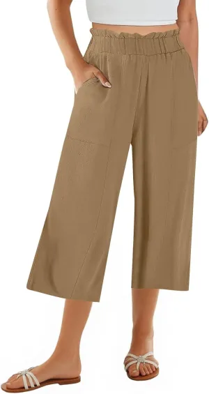 Gumipy Women's Capri Pants Smocked Elastic High Waisted Wide Leg Linen Pants Loose Flowy Palazzo Cropped Trouser with Pockets