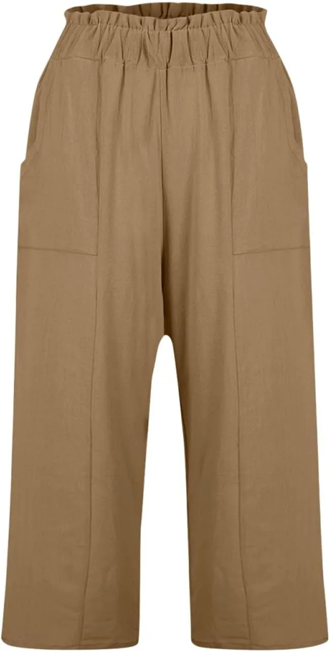 Gumipy Women's Capri Pants Smocked Elastic High Waisted Wide Leg Linen Pants Loose Flowy Palazzo Cropped Trouser with Pockets