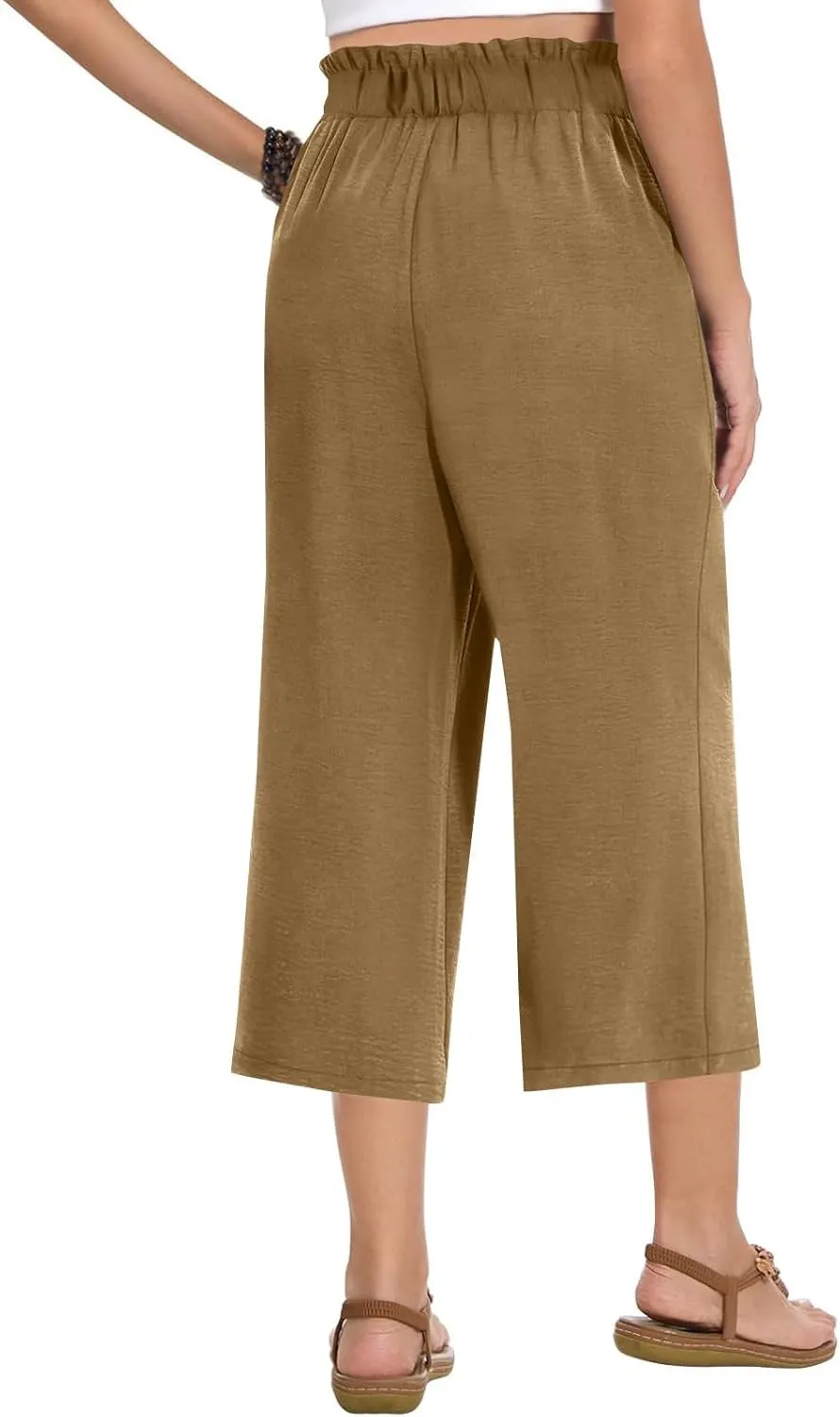 Gumipy Women's Capri Pants Smocked Elastic High Waisted Wide Leg Linen Pants Loose Flowy Palazzo Cropped Trouser with Pockets