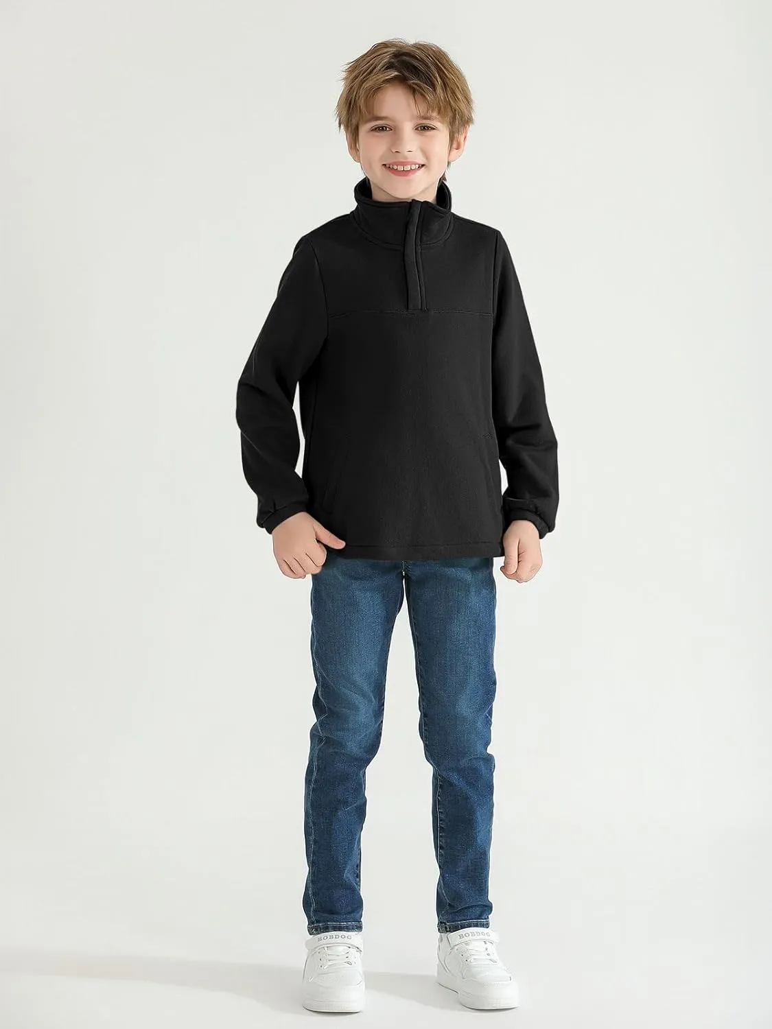 Haloumoning Boys Fleece Lined Quarter Zip Pullover Kids Mock Neck Sweatshirts with Pockets 5-14 Years