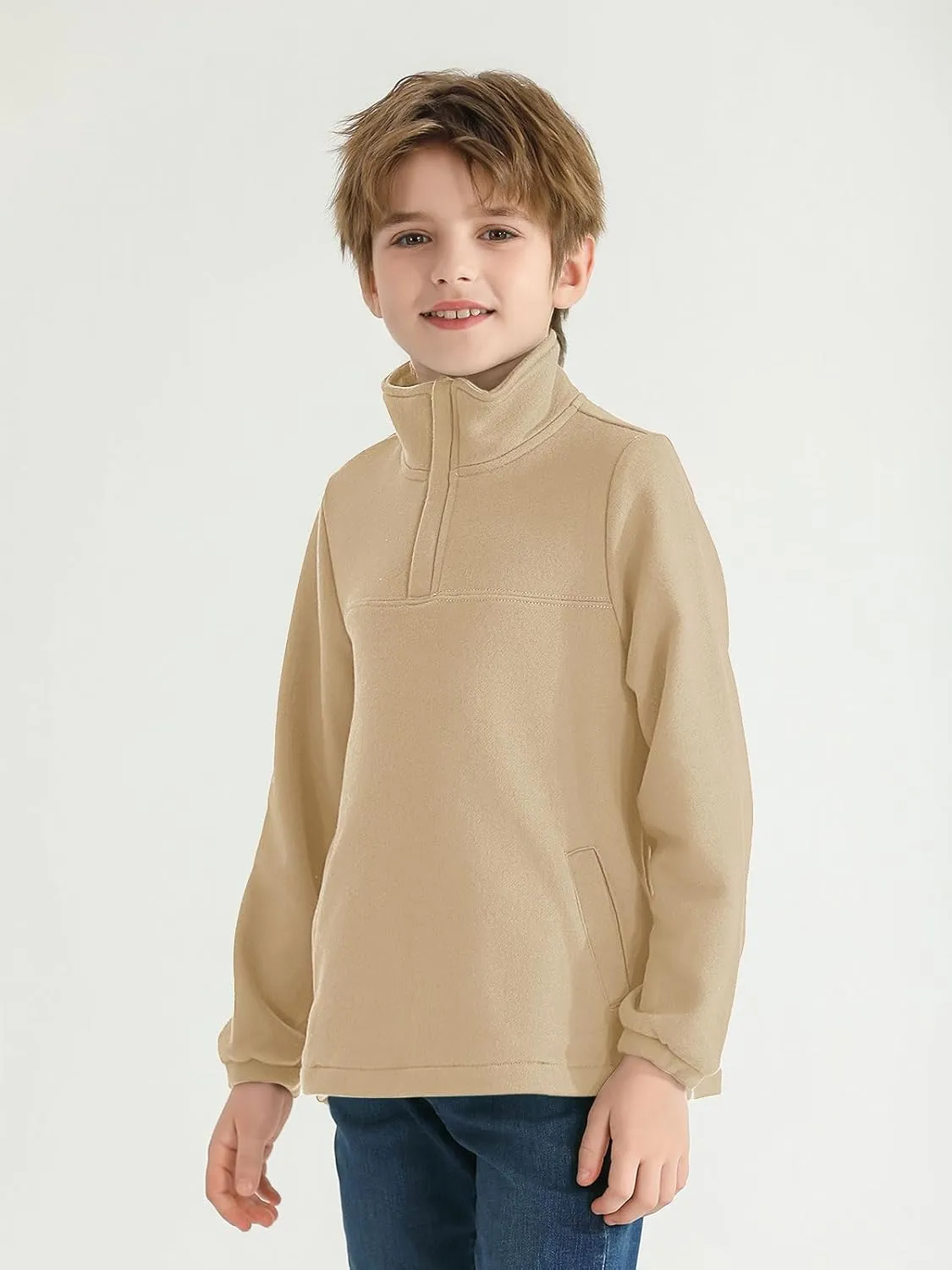 Haloumoning Boys Fleece Lined Quarter Zip Pullover Kids Mock Neck Sweatshirts with Pockets 5-14 Years