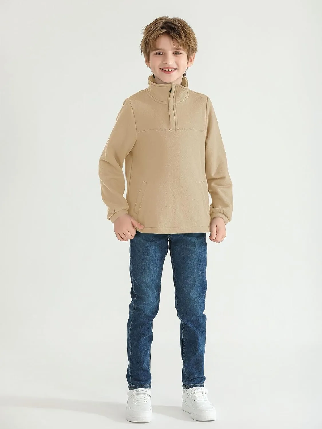 Haloumoning Boys Fleece Lined Quarter Zip Pullover Kids Mock Neck Sweatshirts with Pockets 5-14 Years