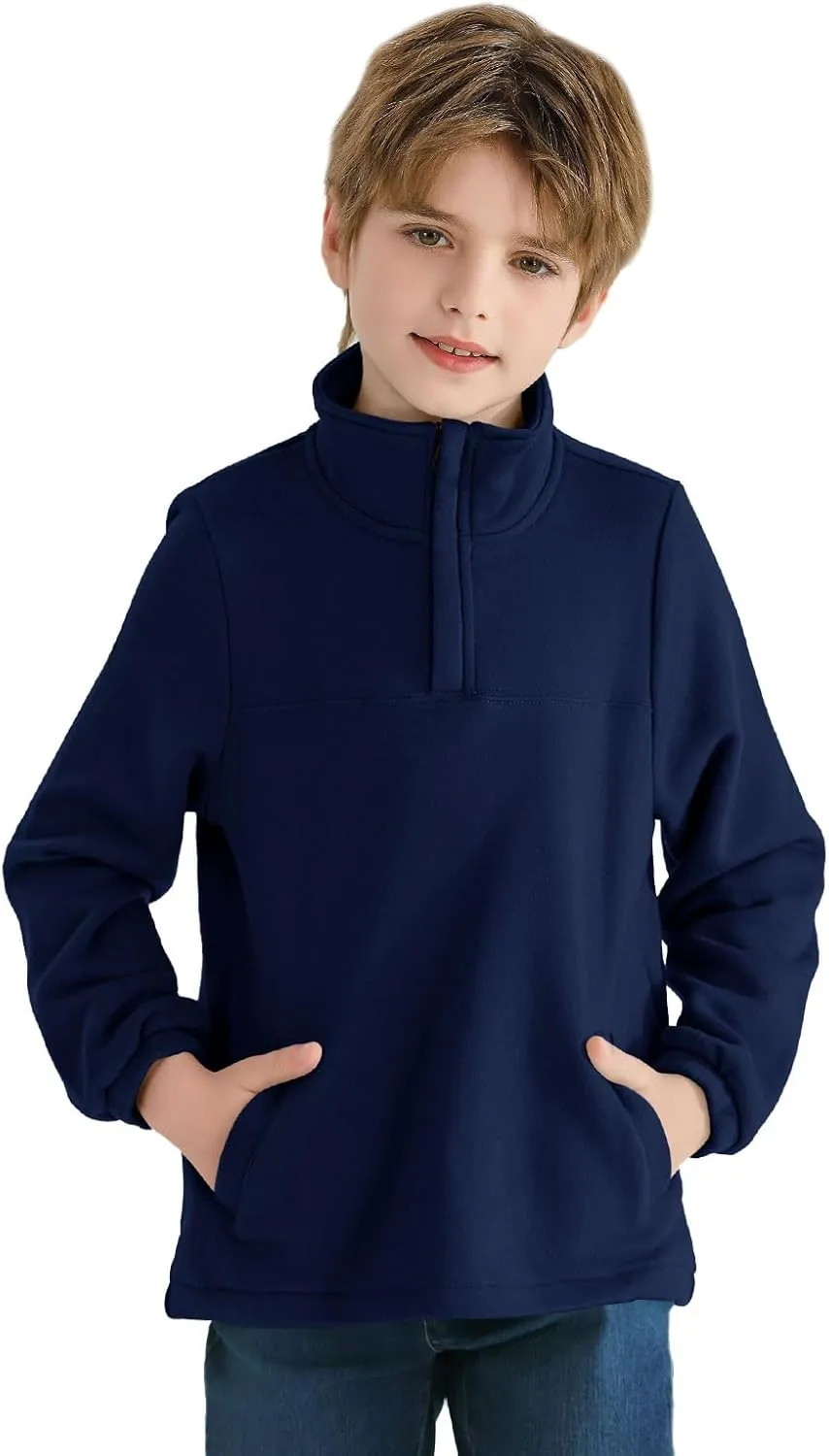 Haloumoning Boys Fleece Lined Quarter Zip Pullover Kids Mock Neck Sweatshirts with Pockets 5-14 Years