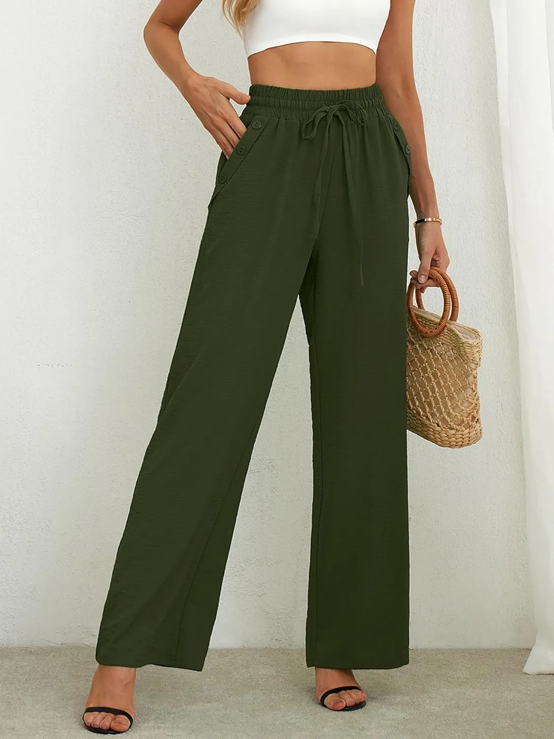 Heymoments Women's Wide Leg Lounge Pants Lightweight High Waisted Adjustable Tie Knot Loose Fit Trousers with Pockets
