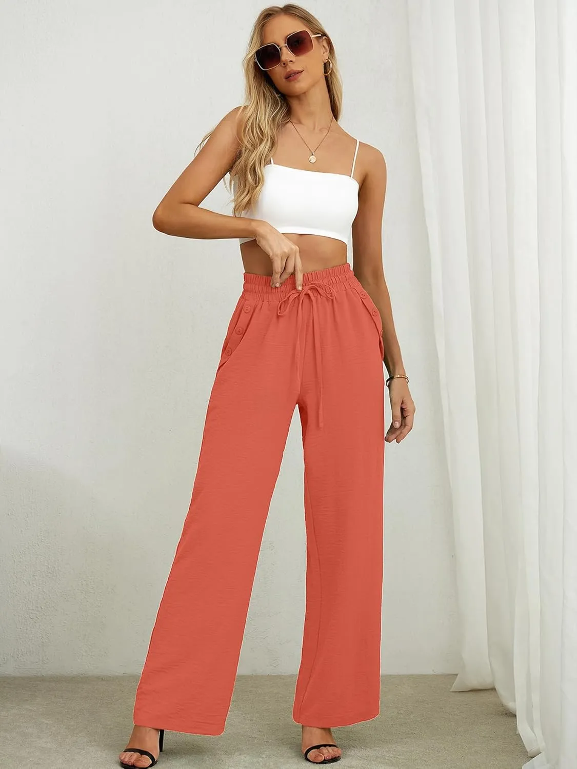 Heymoments Women's Wide Leg Lounge Pants Lightweight High Waisted Adjustable Tie Knot Loose Fit Trousers with Pockets
