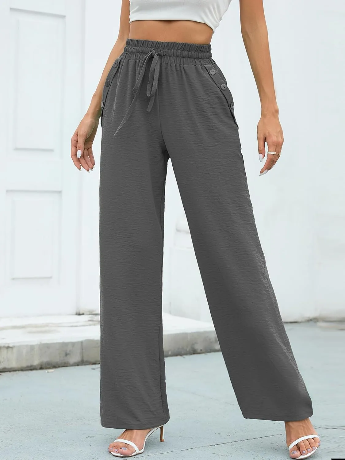 Heymoments Women's Wide Leg Lounge Pants Lightweight High Waisted Adjustable Tie Knot Loose Fit Trousers with Pockets