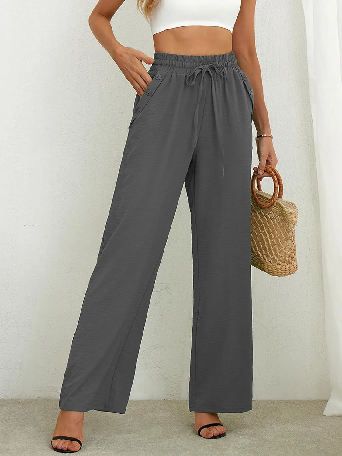 Heymoments Women's Wide Leg Lounge Pants Lightweight High Waisted Adjustable Tie Knot Loose Fit Trousers with Pockets