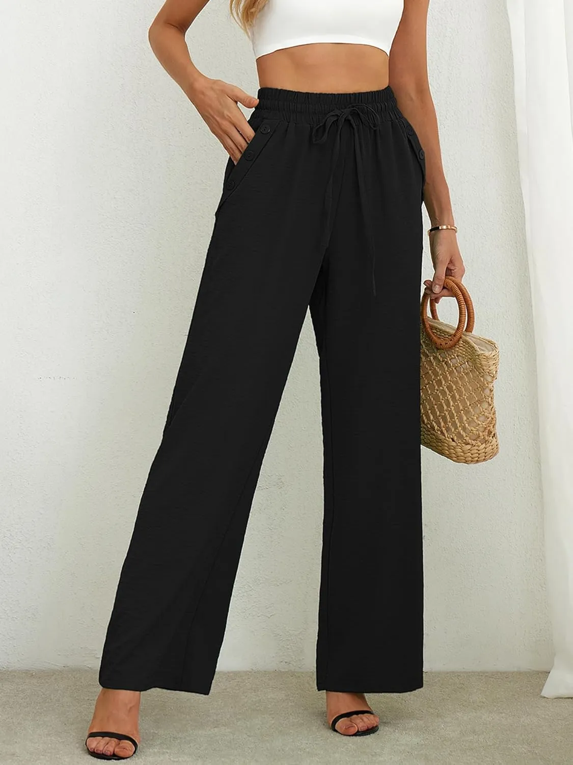 Heymoments Women's Wide Leg Lounge Pants Lightweight High Waisted Adjustable Tie Knot Loose Fit Trousers with Pockets