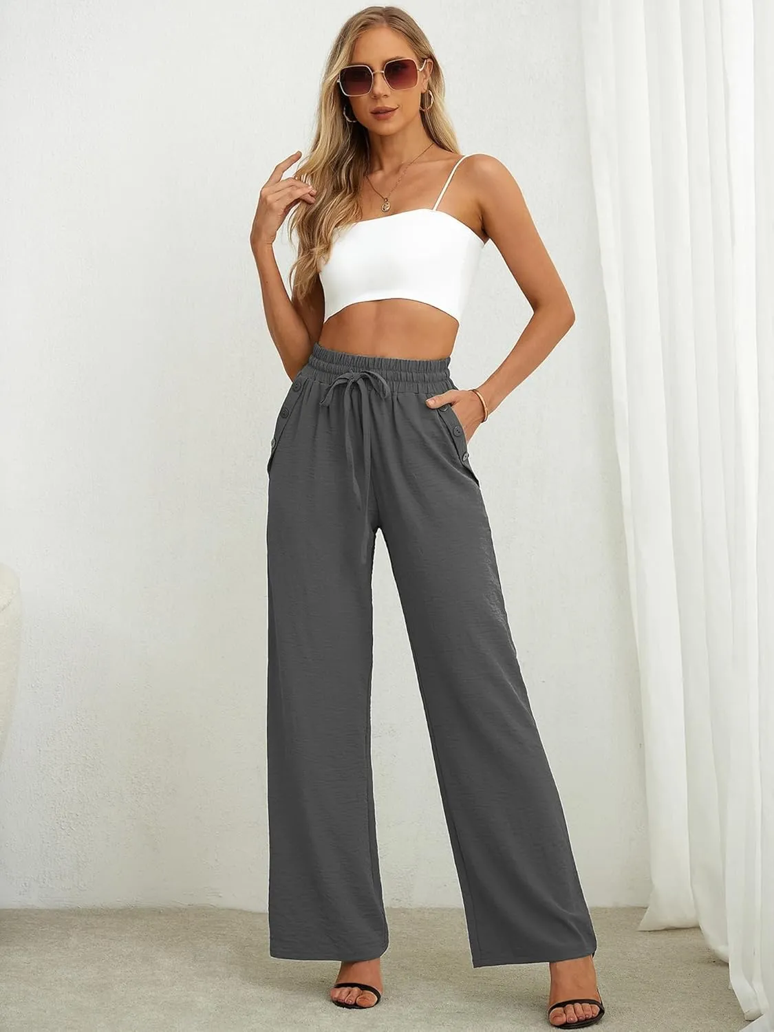 Heymoments Women's Wide Leg Lounge Pants Lightweight High Waisted Adjustable Tie Knot Loose Fit Trousers with Pockets