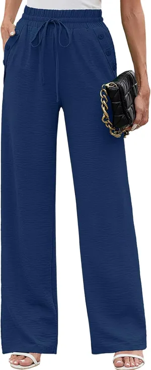 Heymoments Women's Wide Leg Lounge Pants Lightweight High Waisted Adjustable Tie Knot Loose Fit Trousers with Pockets