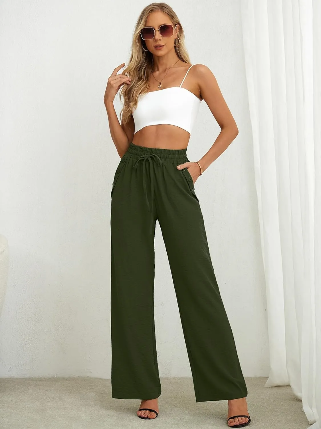 Heymoments Women's Wide Leg Lounge Pants Lightweight High Waisted Adjustable Tie Knot Loose Fit Trousers with Pockets