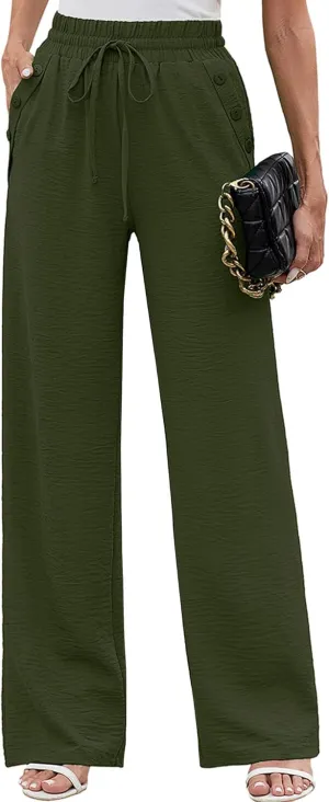 Heymoments Women's Wide Leg Lounge Pants Lightweight High Waisted Adjustable Tie Knot Loose Fit Trousers with Pockets