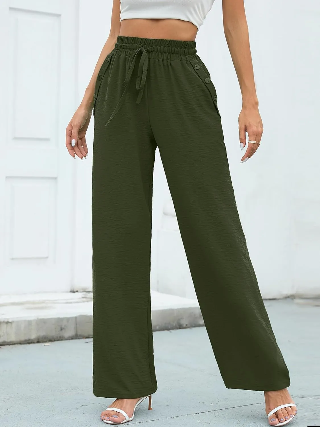 Heymoments Women's Wide Leg Lounge Pants Lightweight High Waisted Adjustable Tie Knot Loose Fit Trousers with Pockets