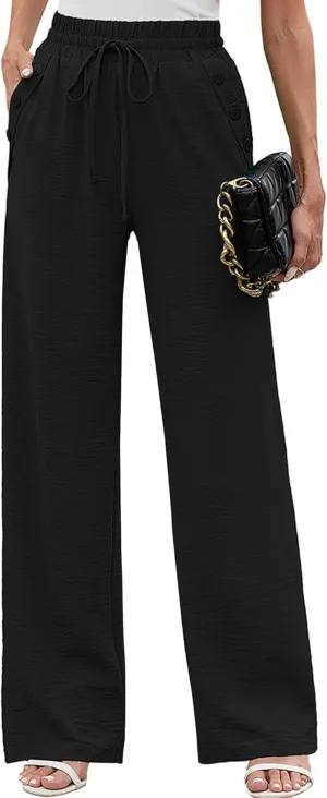 Heymoments Women's Wide Leg Lounge Pants Lightweight High Waisted Adjustable Tie Knot Loose Fit Trousers with Pockets