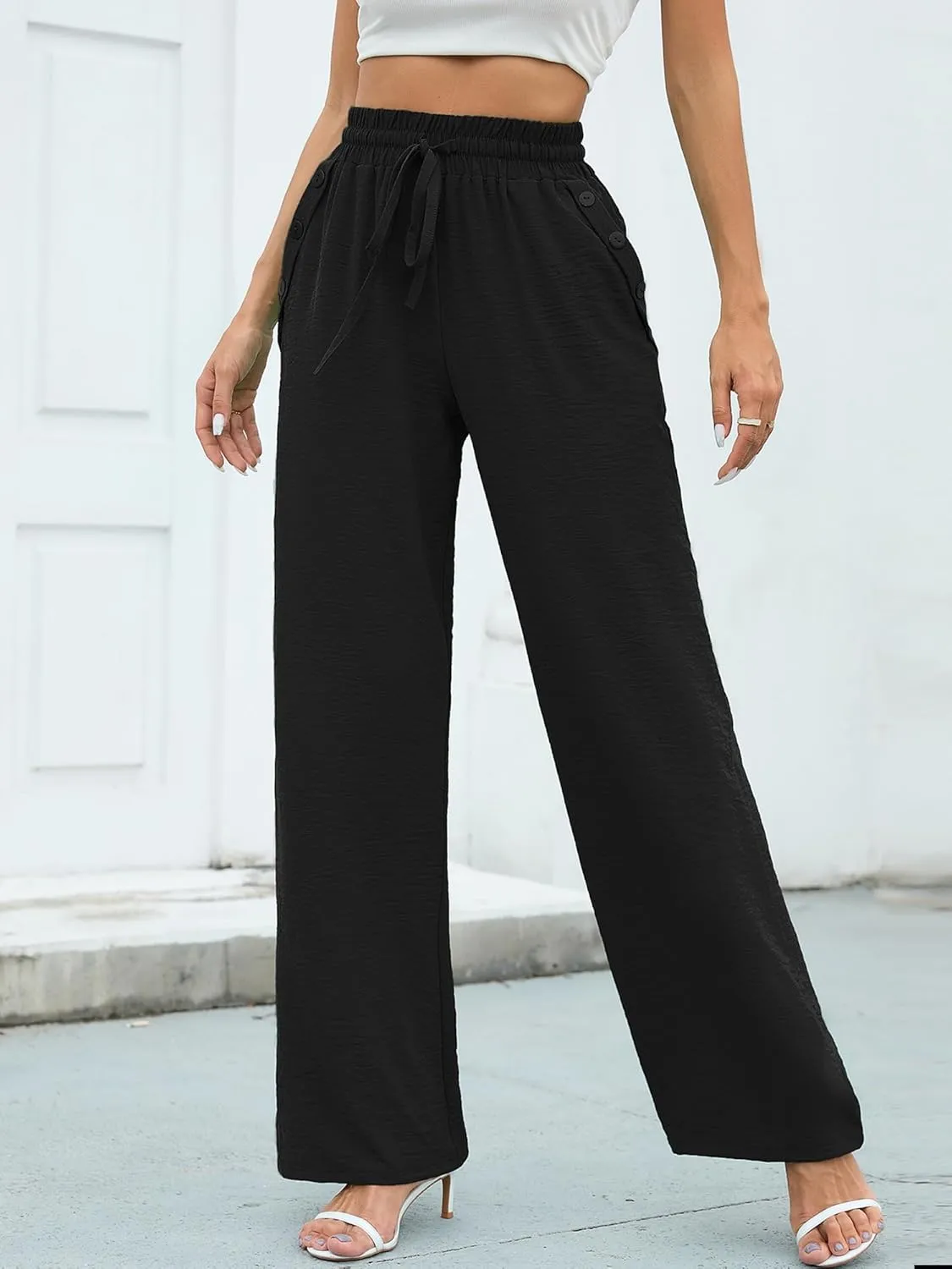 Heymoments Women's Wide Leg Lounge Pants Lightweight High Waisted Adjustable Tie Knot Loose Fit Trousers with Pockets