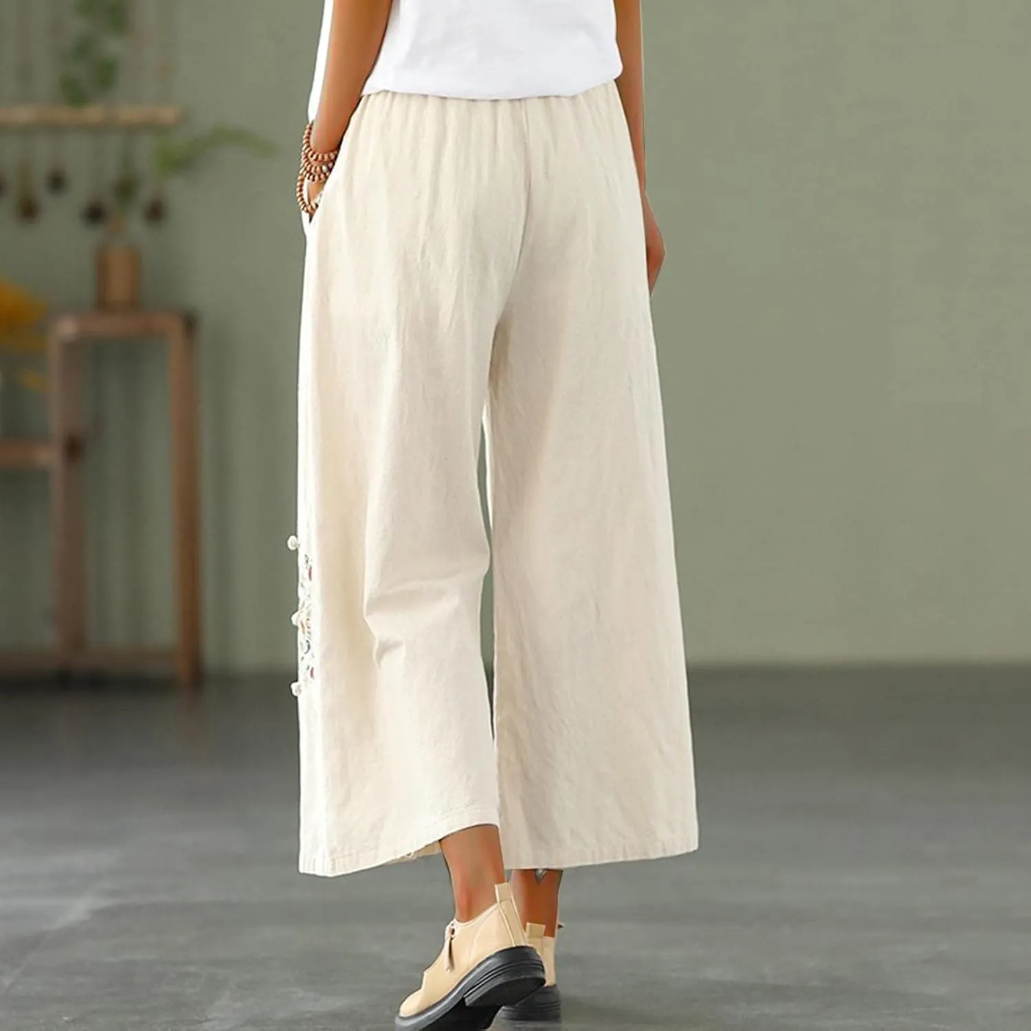 HGps8w Women's Cotton Linen Wide Leg Pants Plus Size Striped Drawstring Elastic High Waist Loose Lounge Trousers with Pockets