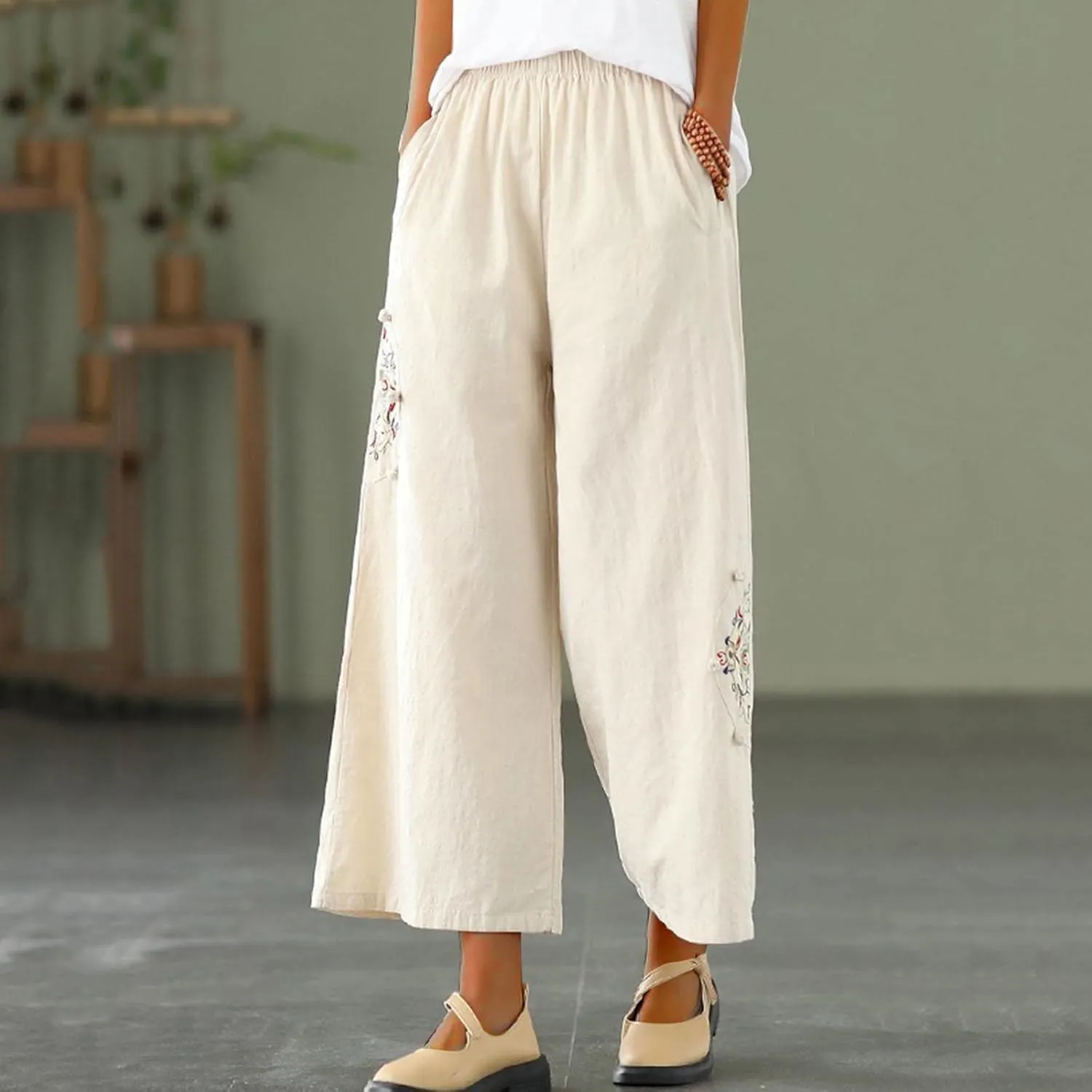 HGps8w Women's Cotton Linen Wide Leg Pants Plus Size Striped Drawstring Elastic High Waist Loose Lounge Trousers with Pockets