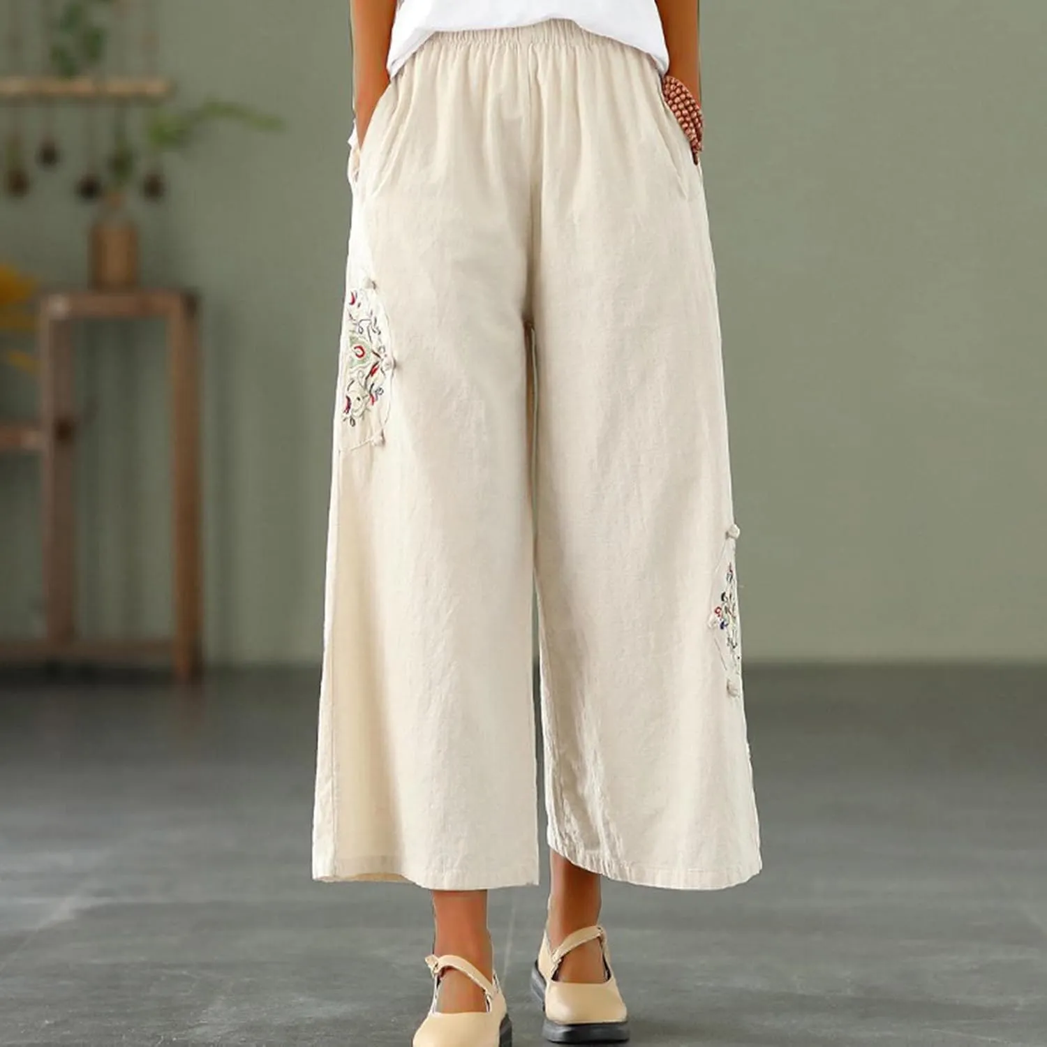 HGps8w Women's Cotton Linen Wide Leg Pants Plus Size Striped Drawstring Elastic High Waist Loose Lounge Trousers with Pockets