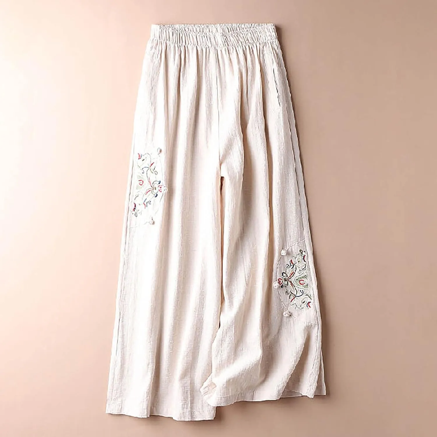 HGps8w Women's Cotton Linen Wide Leg Pants Plus Size Striped Drawstring Elastic High Waist Loose Lounge Trousers with Pockets