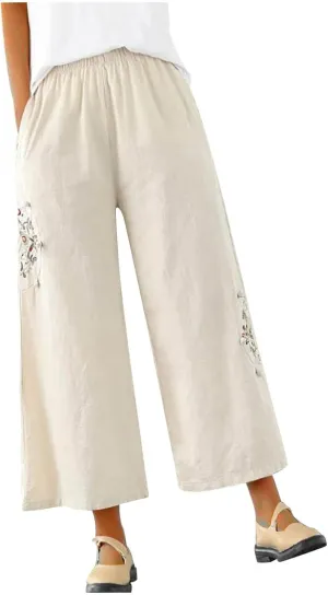HGps8w Women's Cotton Linen Wide Leg Pants Plus Size Striped Drawstring Elastic High Waist Loose Lounge Trousers with Pockets