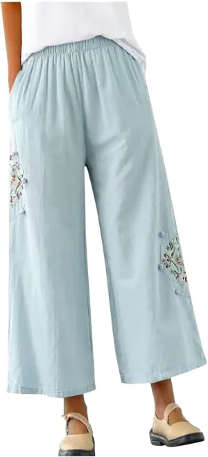 HGps8w Women's Cotton Linen Wide Leg Pants Plus Size Striped Drawstring Elastic High Waist Loose Lounge Trousers with Pockets