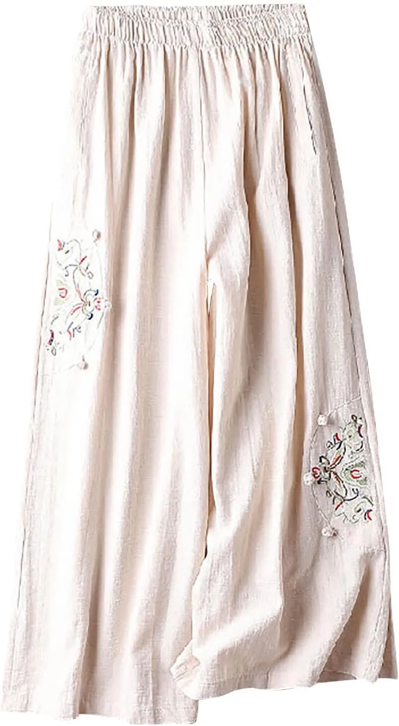 HGps8w Women's Cotton Linen Wide Leg Pants Plus Size Striped Drawstring Elastic High Waist Loose Lounge Trousers with Pockets