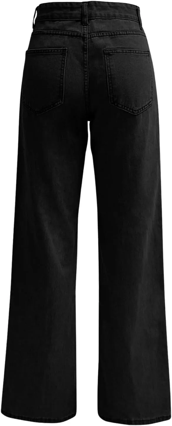 High Rise Jeans for Women Wide Leg Stretchy Pants Straight Leg Loose Denim Tummy Control Trousers with Pockets