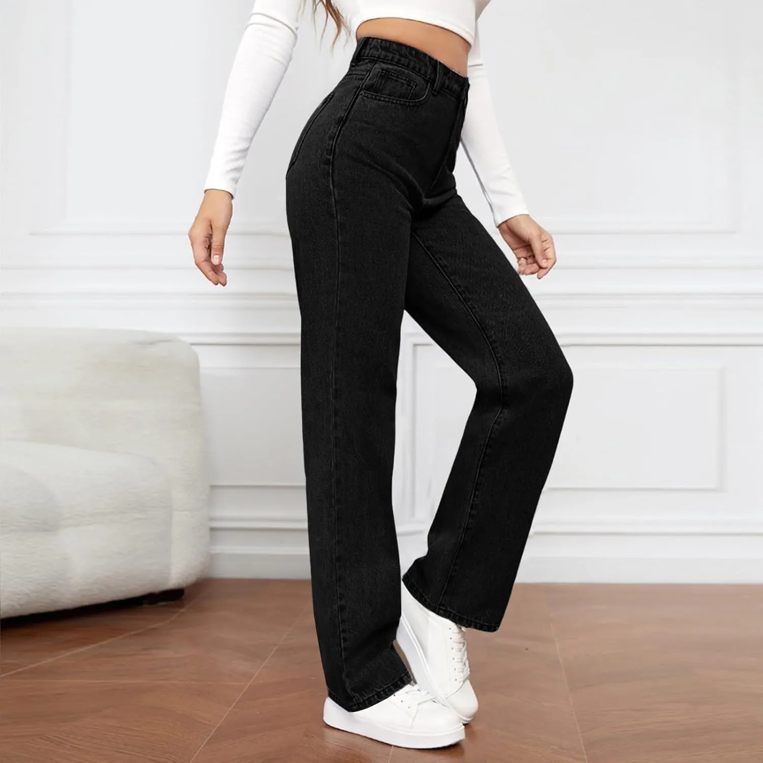 High Rise Jeans for Women Wide Leg Stretchy Pants Straight Leg Loose Denim Tummy Control Trousers with Pockets